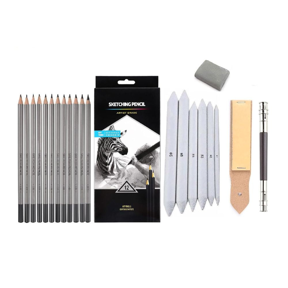 Sketching/Shading Kit with Sketching Drawing Pencils (Set of 12)+ Paper Blenders Stump 6pcs + Kneadable Art Eraser 1 + Sand Paper 1 + Pencil Extender