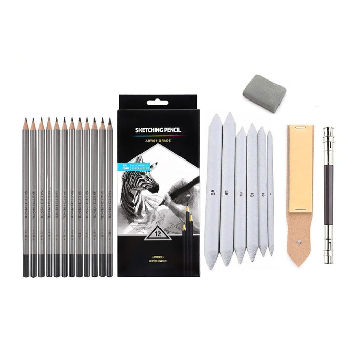 Sketching/Shading Kit with Sketching Drawing Pencils (Set of 12)+ Paper Blenders Stump 6pcs + Kneadable Art Eraser 1 + Sand Paper 1 + Pencil Extender
